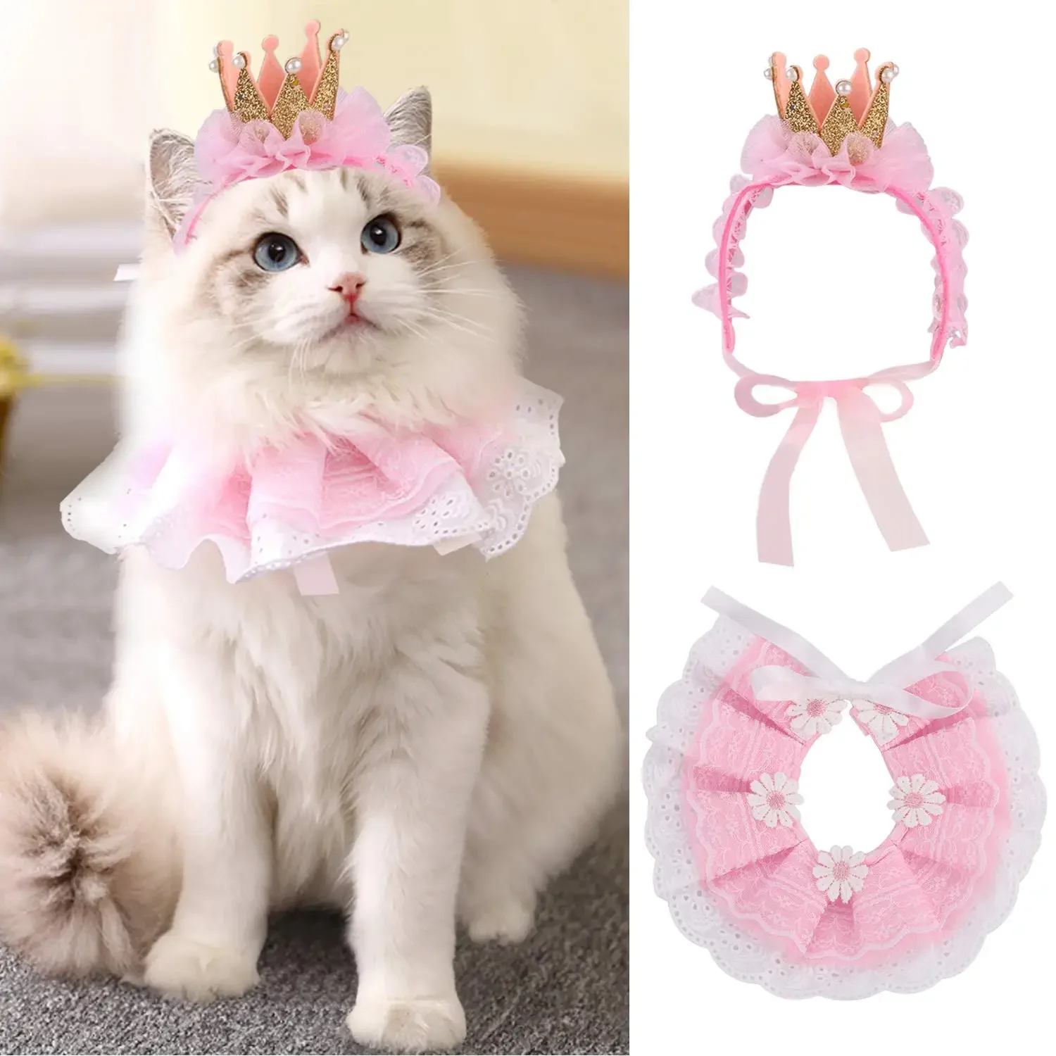 

Cat Bandana for Princess Cat Costumes Cat headdress crown lace combination set birthday pet neck scarf