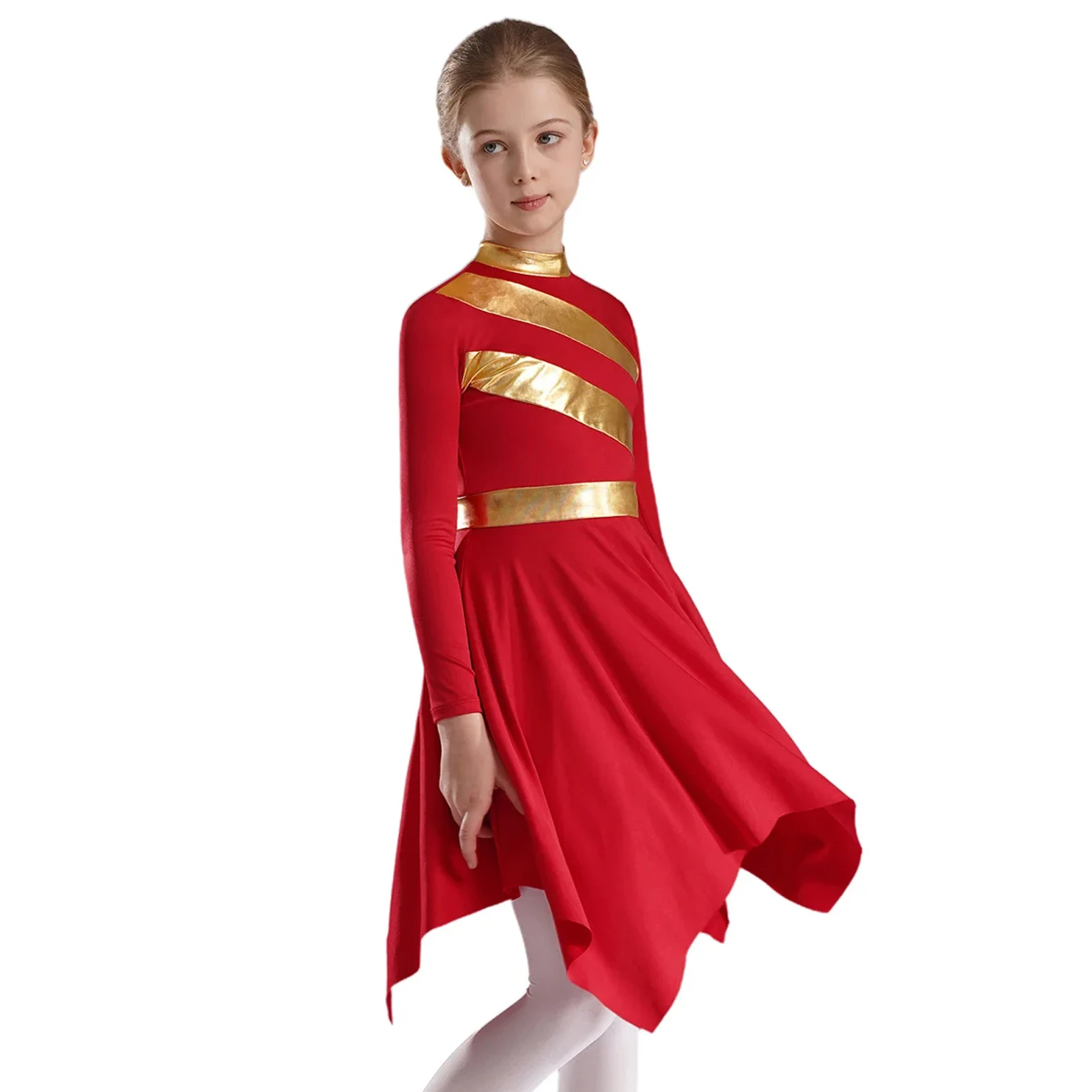 

Girls Sequins Color Block Asymmetrical Ballet Dance Dress Modern Lyrical Dance Costume Worship Robe Liturgical Lyrical Dancewear