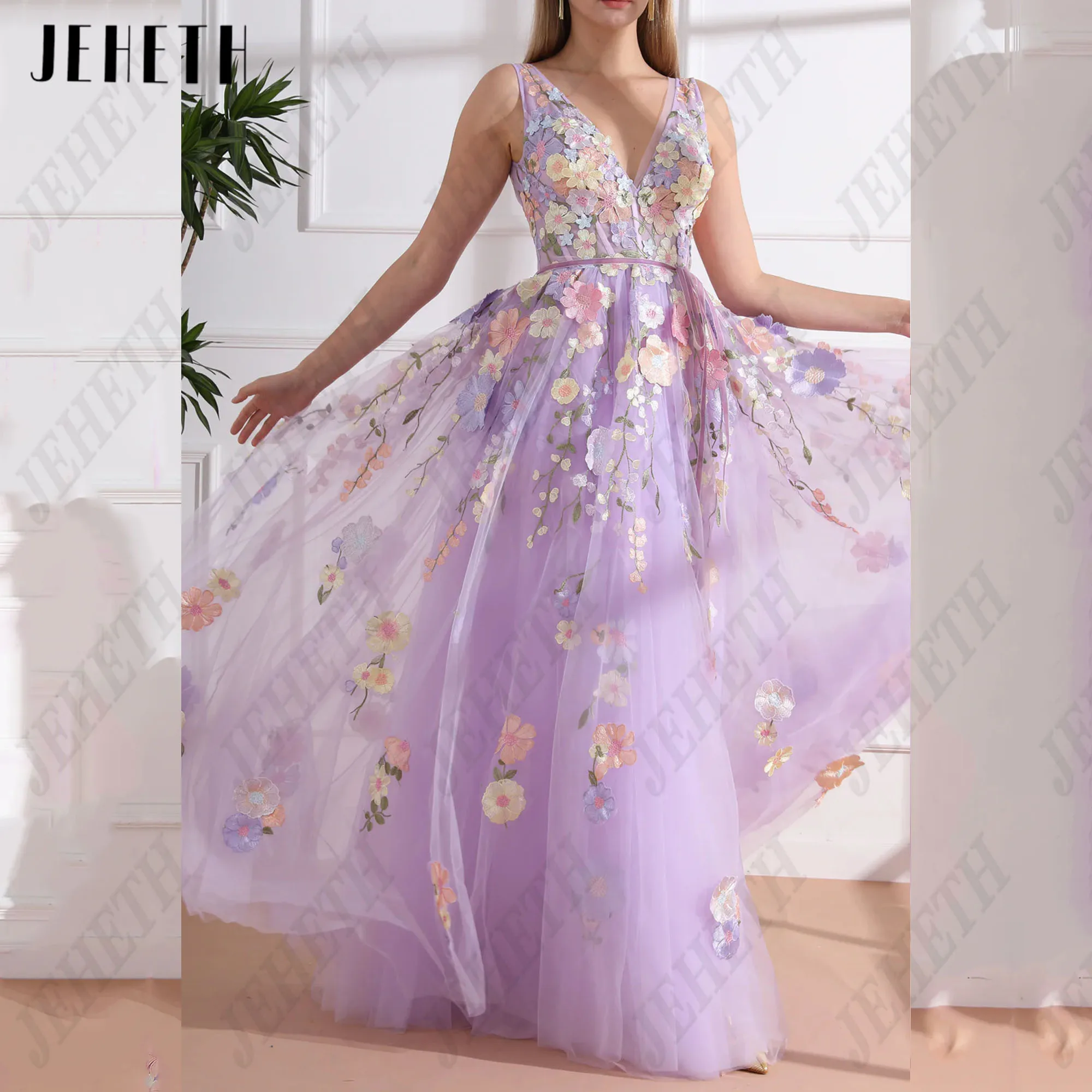 JEHETH Floral Print Prom Gown Sleeveless V-Neck 3D Flowers Backless Vestidos De Festa Tulle A-Line Purple Formal Occasions Dress