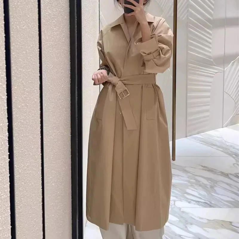 

Ele Belted Sve Cuffed Wide Sve Coat New Autumn Winter Women's Single Button mid Length Loose Outerwear