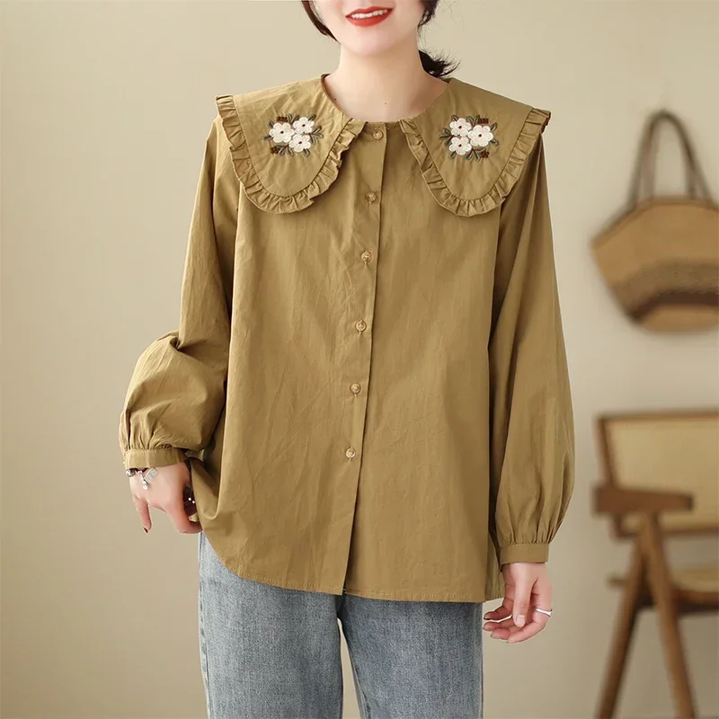 2023 New Spring Fashion Sweet Style Embroidery Floral Shirts For Women Lantern Sleeved Doll Neck Loose Vintage Blouse Female Top