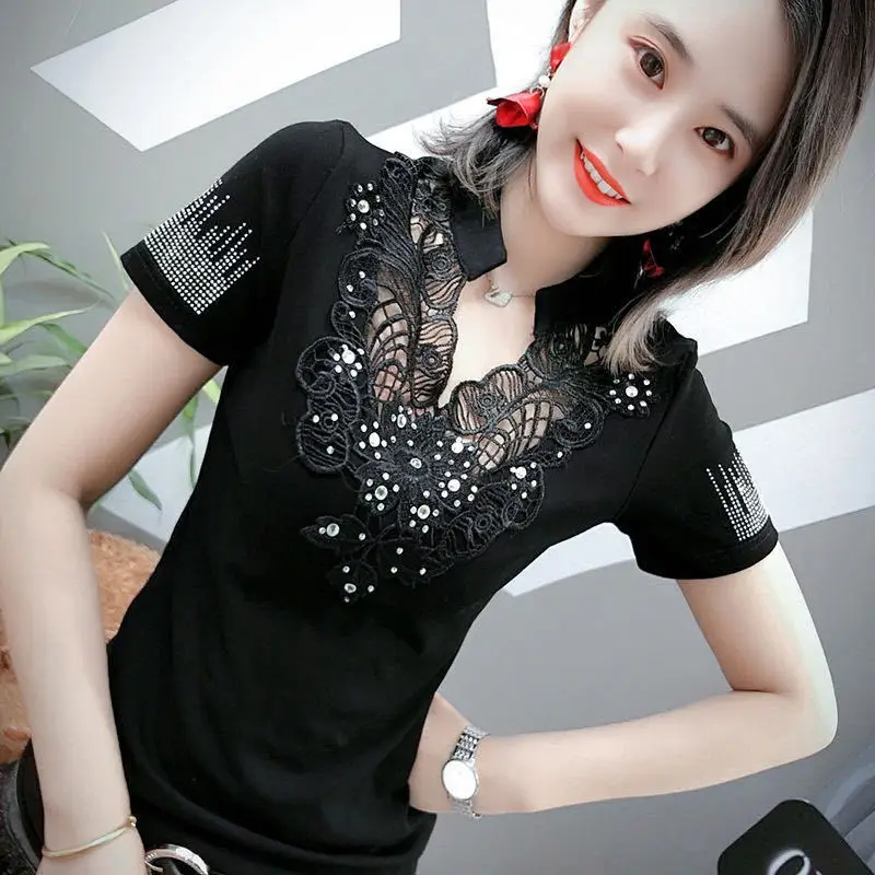 Rhinestone T Shirt for Women Sexy Black Slim Lace Trending Clothing Cheap Sales Female Basic 2025 High Quality Sale Tops Woman