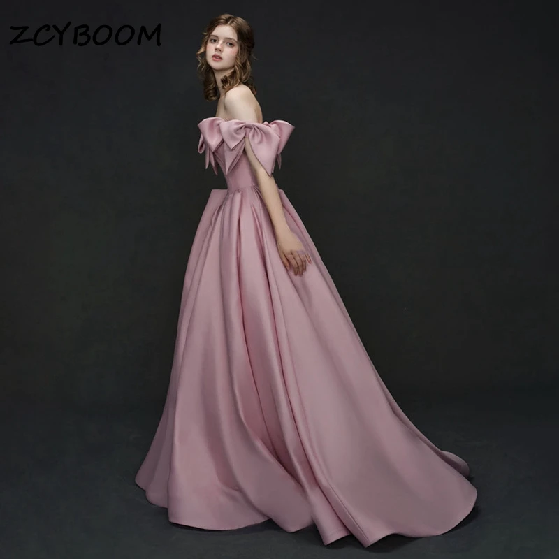 

Elegant Satin Boat Neck A-Line Strapless Wedding Dresses With Bow For Women Court Train 2024 Bridal Gowns Vestido De Noiva