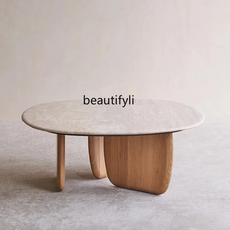 

Wabi-sabi coffee table, small apartment living room coffee table, oak high-end round natural travertine coffee table2936
