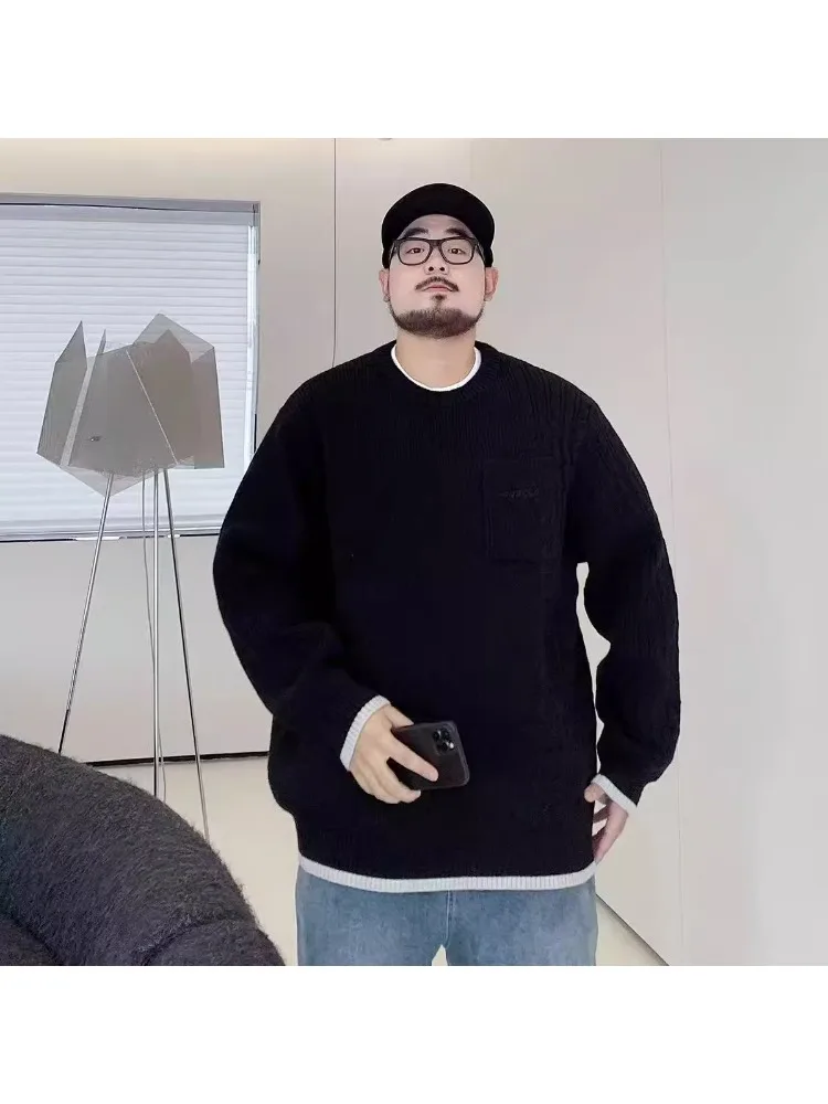 

plus Size Men's round Ne Sweater Fake Two-Piece Casual Loose Knitted Winter New Arrival Polyester Fiber Long Sve Thermal