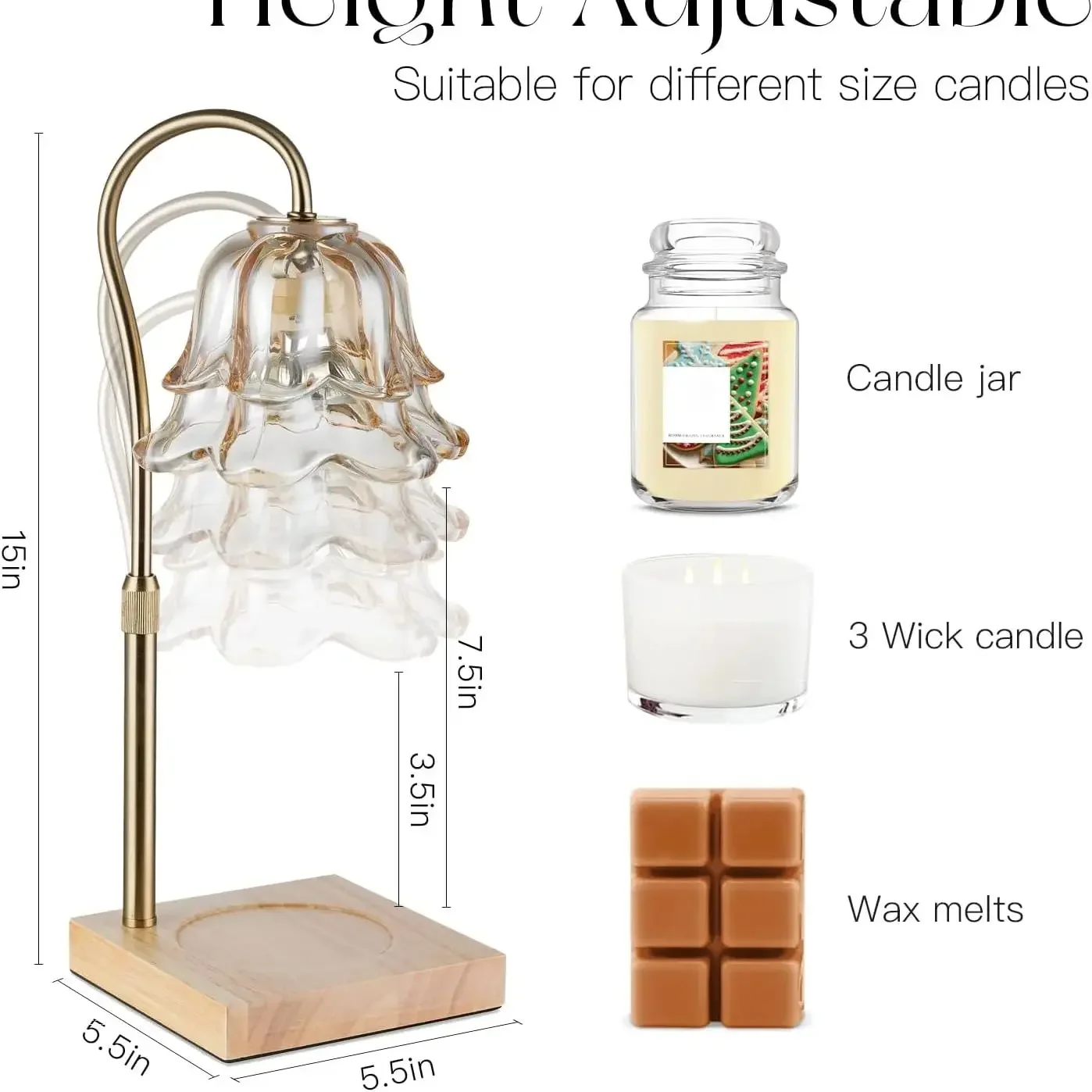 Candle Warmer Lamp with Timer: Flower Gold Candle Lamps Height Adjustable Wax Melt House Warming Gifts New Home Decor