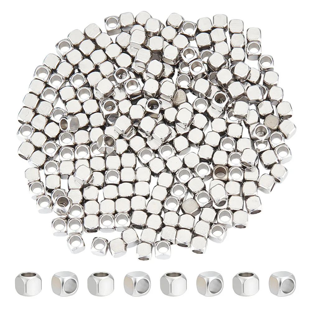 250Pcs Stainless Steel Cube Beads 3mm Spacer Beads Metal Square Bead Small Smooth Big Hole Bead Findings