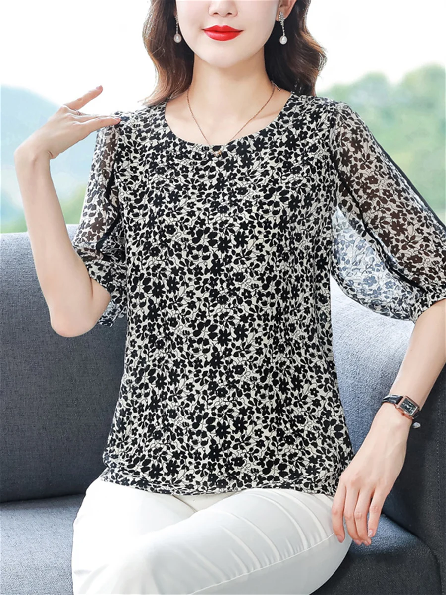 

4XL Loose Women Spring Summer Shirts Lady Fashion Casual Short Sleeve O-Neck Collar Printing Floral Blusas Tops CT0661