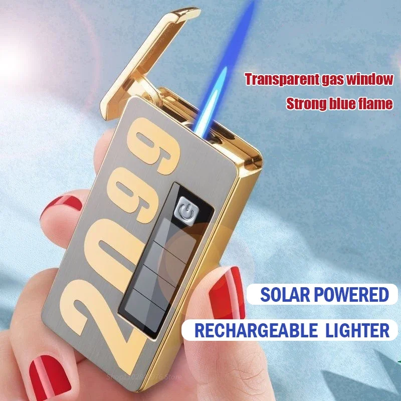 New Creative Transparent Transom Inflatable Solar Rechargeable Metal Cigarette Lighter Jet Flame Cigar Gas Lighter Men\'s Gift