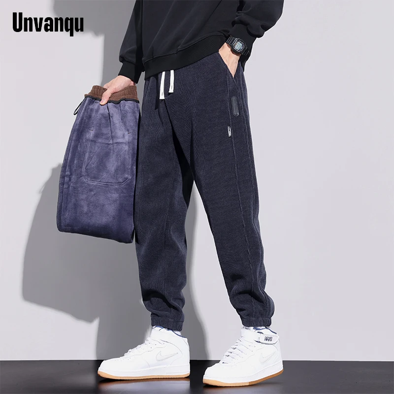 Unvanqu Autumn New Versatile Loose Casual Pants Korean Style Street Fashion Men's Hip Hop Trousers Corduroy Fabric Warm Leggings