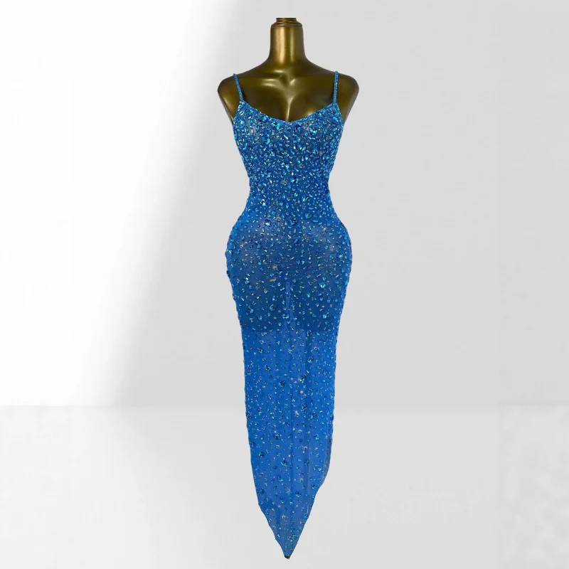 New Arrival Women's Rhinestone Sexy Sheer Mesh Strap Dress European and American Fashion Party Performance Dress