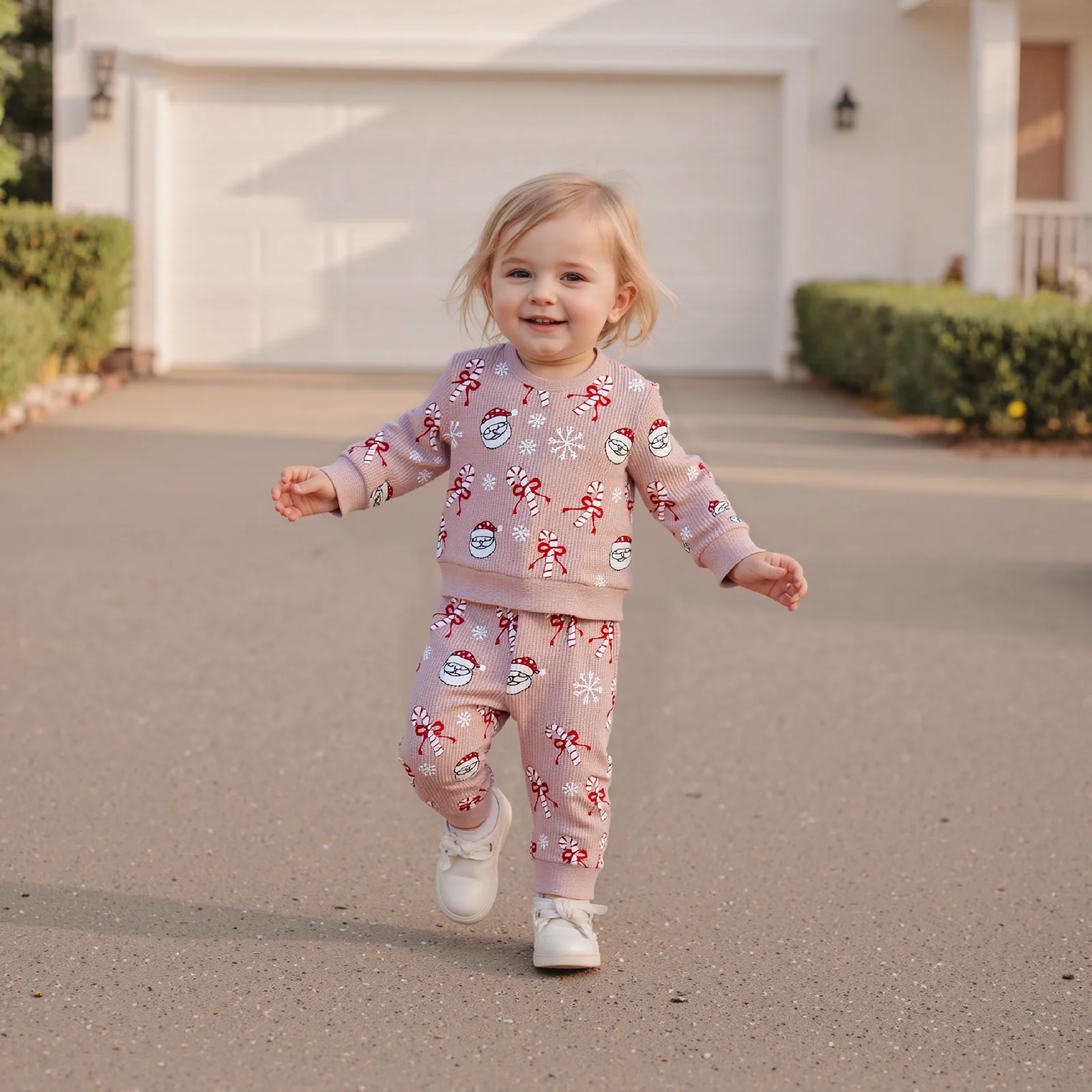 2026 السنة الجديدة عيد الميلاد طفلة 2 قطعة ملابس عيد الميلاد طويلة الأكمام سانتا كاندي قصب طباعة البلوز فستان أطفال مع سروال داخلي طفل الملابس