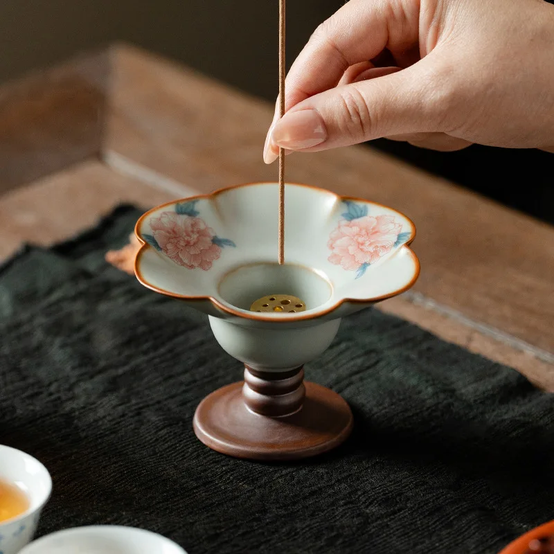Neo Chinese Ru Kiln Hibiscus Ceramic Petal High Foot Incense Holder 9 Hole Insert Home Art Home Decor  Ceremony Decorations