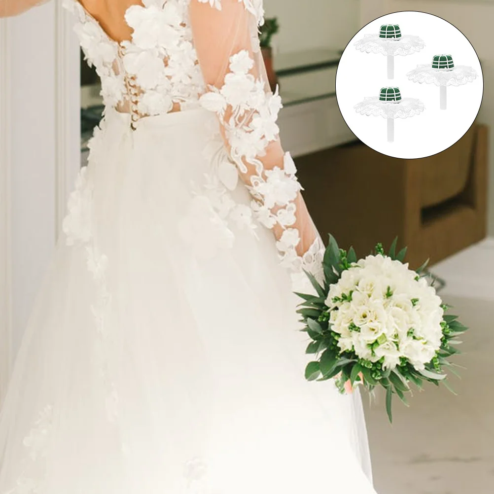 3 مجموعات حامل الزهور تنورة دانتيل باقة الزفاف مقبض قاعدة الأزهار المدمجة لحفلات الزفاف DIY ترتيب أداة التبعي #1
