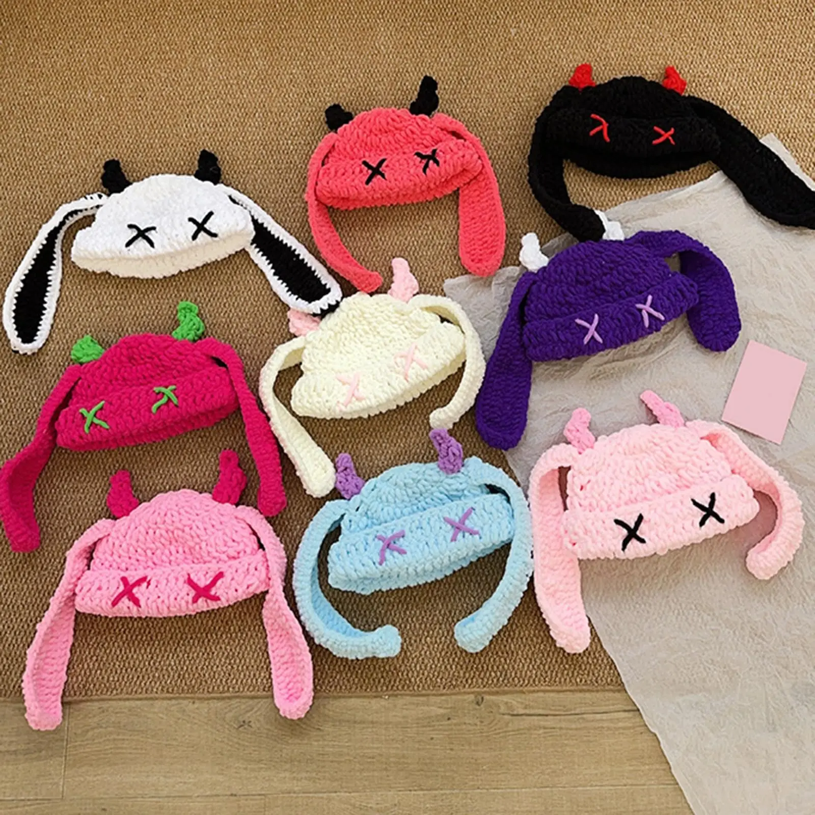 Cute Funny Little Devil Long Ear Knitted Hat Autumn And Winter Warmth Ear Protection Handmade Beanie Hat Cow Horn Hat 2025