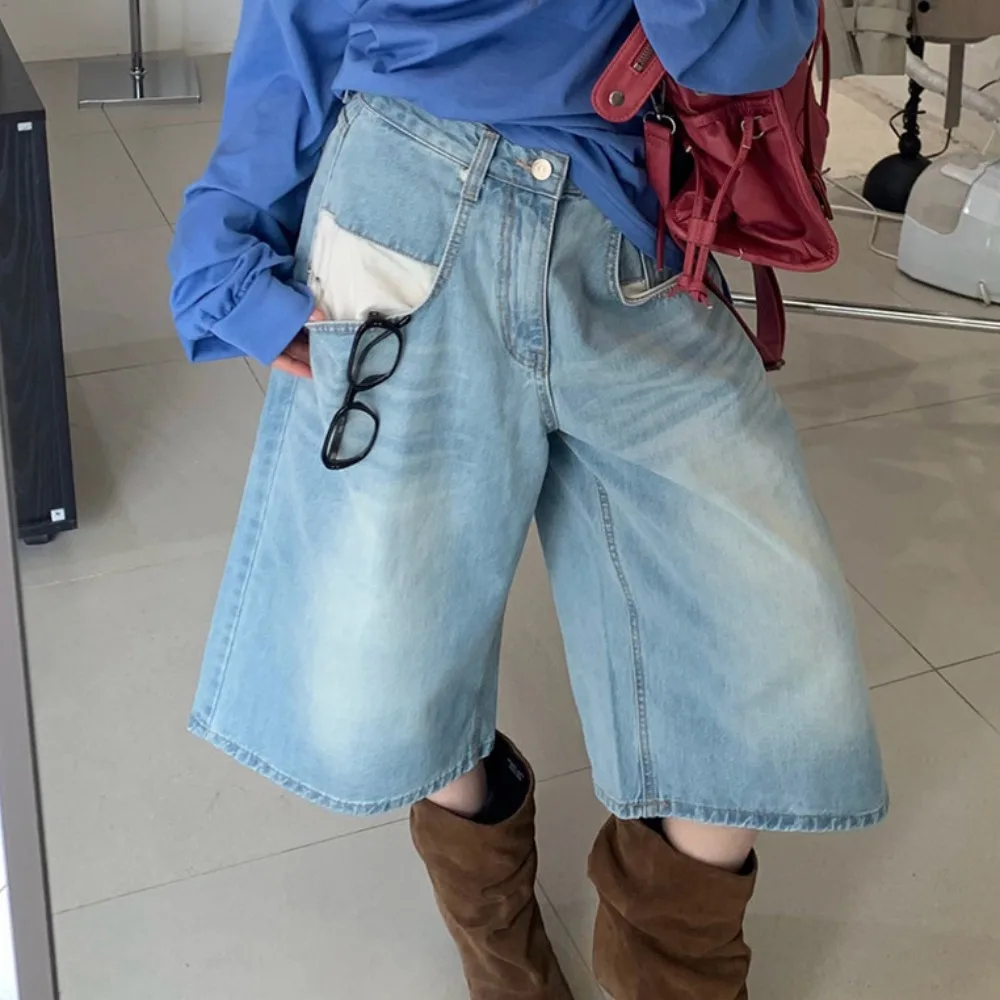 Chic Summer 2026 Korean Style Fashionable All-Match Diagonal Pocket Color Block Wide Leg Jeans Women's Standard Fit Natural W...