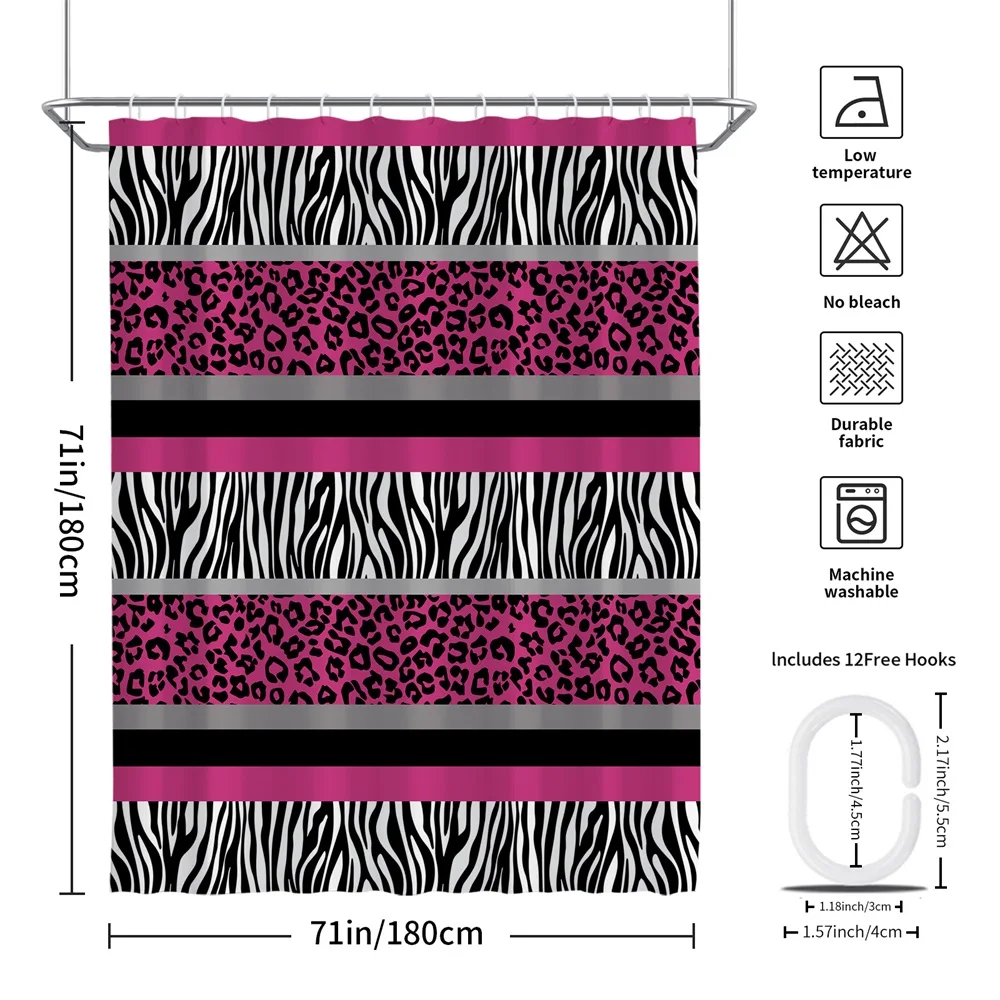 1PC, pink leopard print zebra print sandwich, modern home bathroom waterproof shower curtain with 12 plastic hooks, 71in*71in