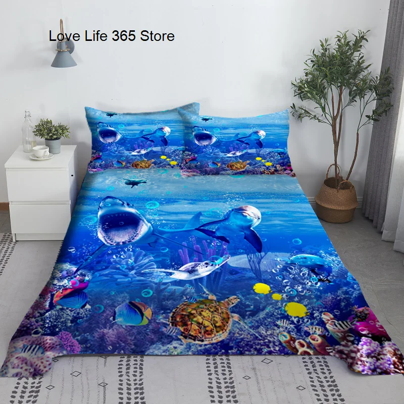 Shark Bed Sheet Set 3D Printed Underwater World Bed Flat Sheet With Pillow Cover For Adults Kids Bedding King Size Dropshipping