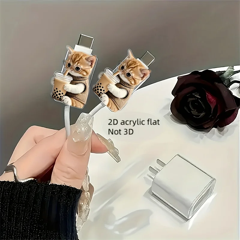 2D Flat 2pcs Cute Cat with Glasses Data Cable Protector Acrylic Flat Design Connector Cover For iPhone Type-C Phone Cable 5