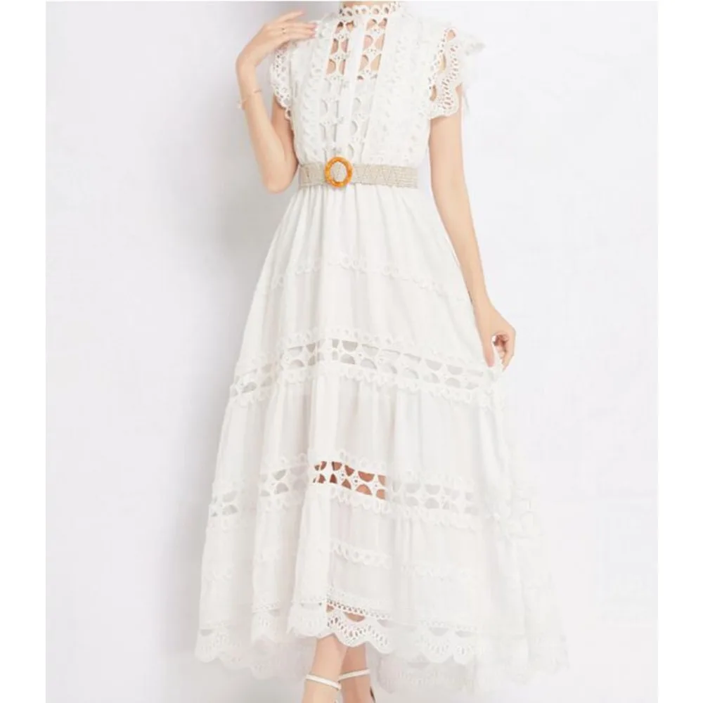 French Vintage Elegant  sleeveless cut out Embroidery lace Dress Vacation  Women Fashion Summer Spring Vestidos  dresses