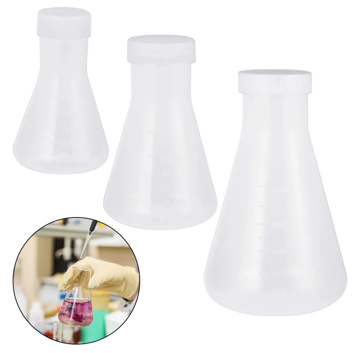 Flcopropriété Erlenmeyer en plastique avec bouchon, triangle en verre conique pour la chimie, 3 pièces