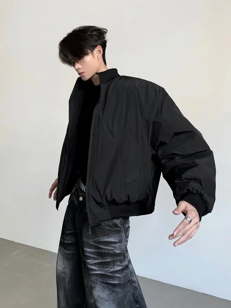Ace Tailors Men's Cotton Jacket Short Loose Fit Warmth Collar Winter Outerwear Polyester Fiber Zipper Closure Pure Color