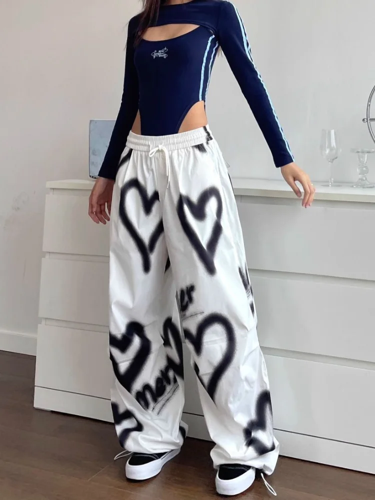 QWEEK Y2K Love Graffiti Wide Leg Pants Women High Street Hip Hop Trousers Women Pants Casual Wide Leg Floor Trousers New 2024