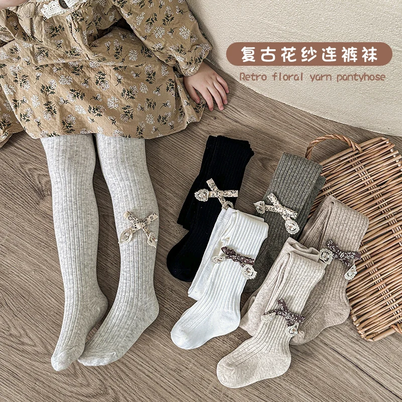 Girls Sweet Princess Pantyhose For Spring Autumn Thin Fleece Lining Delicate Tiny Pearl Ornament Floral Bow Soft Elastic Tights