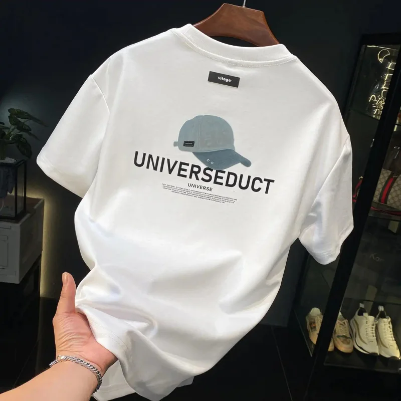 

Новая летняя мужская стильная футболка 2026 года с белым графическим принтом (принт с капюшоном), круглый вырез, американский стиль, свободный крой, повседневная, универсальная, короткая