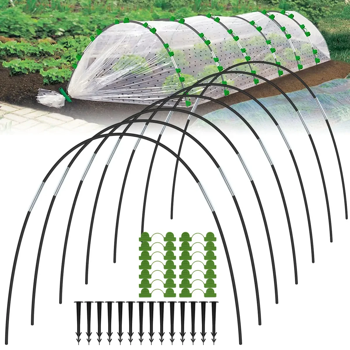 

21/30pcs Greenhouse Hoops Grow Tunnel Support Ring Plant Cover Garden Hoops Kit with Spikes and Clips Detachable Fiberglass Fram