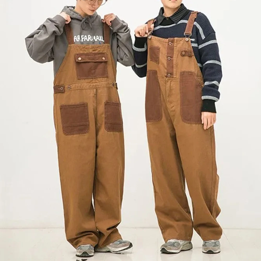 

Новые мужские комбинезоны унисекс в стиле колор-блок, японский ретро-стиль, модный тренд, уличный хип-хоп, свободные повседневные нишевые мужские брюки