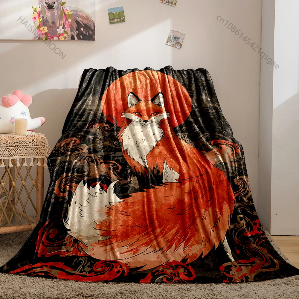 Stylized fox before red sun Print Blanket Warm Soft Fluffy Kids and Adult Sofa Bed Throw Blanket Outdoor Travel Camping RV