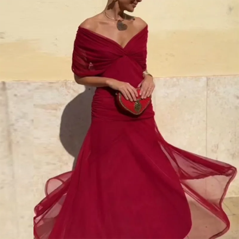 Lente Zomer Effen Mesh Geplooide Jurk Vrouw Elegante V-hals Holle Lange Jurk Korte Mouw Boheemse Vakantie Casual Feestjurken