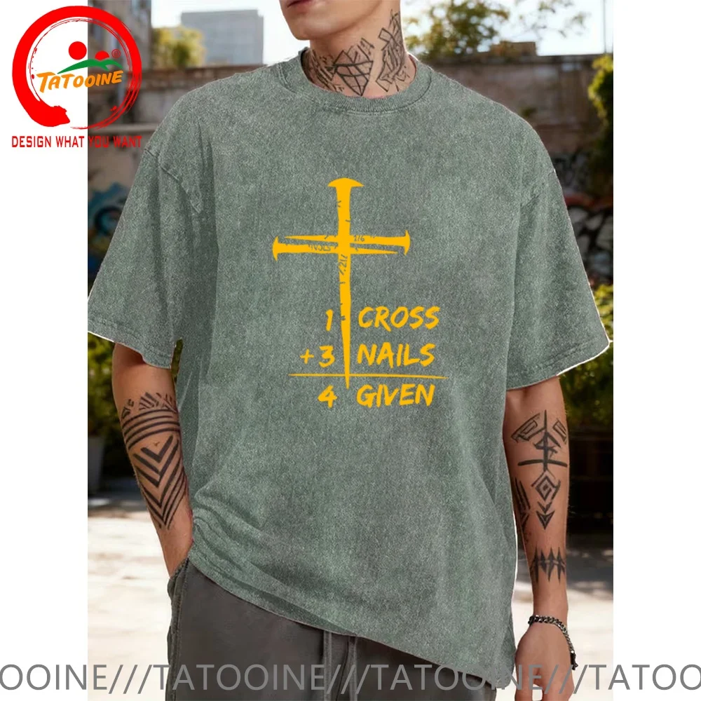 Vintage Washed Cotton T-Shirt Funny Designer Jesus Christian Faith T Shirt Men Fashion Trendy Casual Clothing Stylish Tops Tees