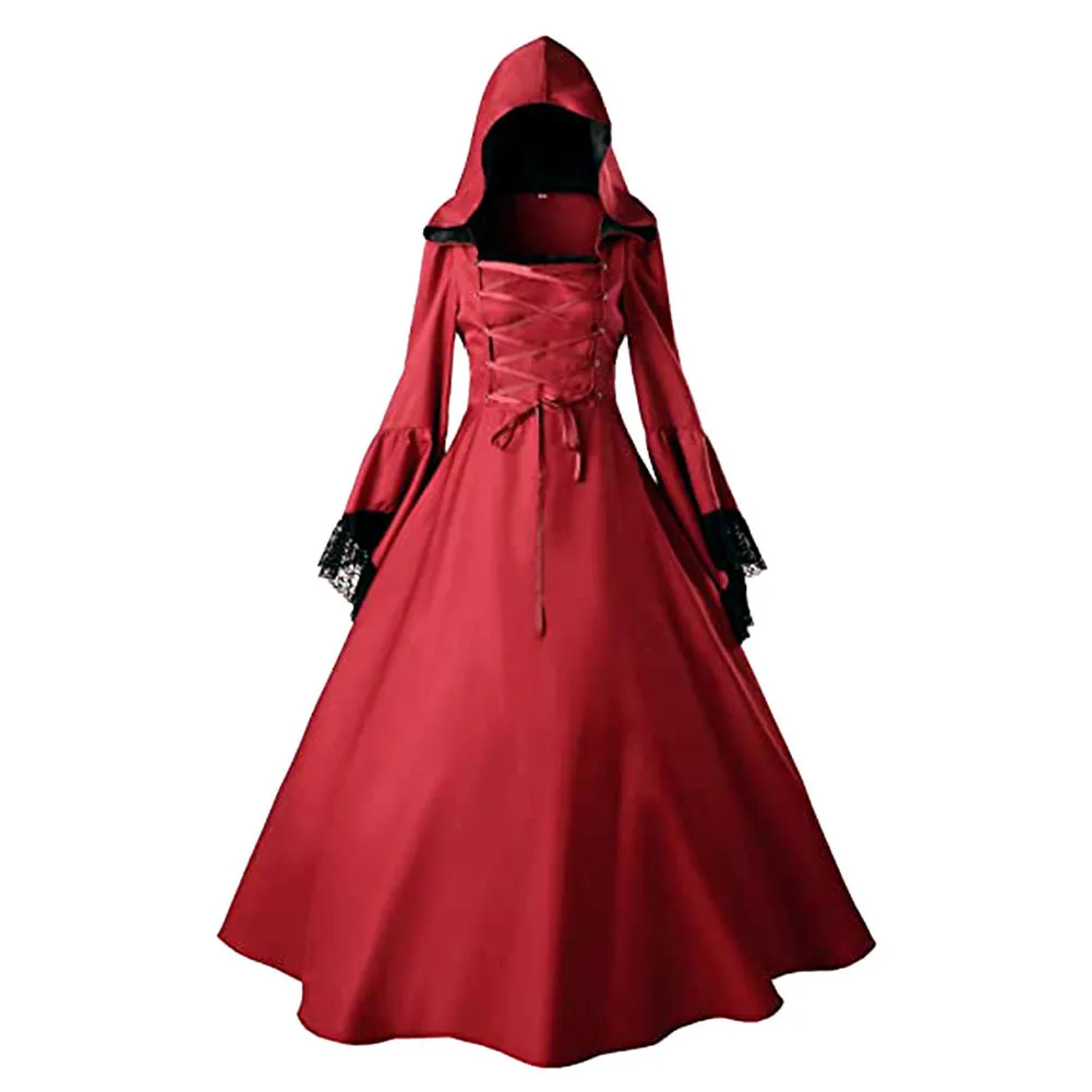 Costume de Cosplay de la Renaissance Gothique pour Femme, Longue Robe Rouge Rétro, Tenues d'Halloween, de Carnaval, Déguisement Imbibé