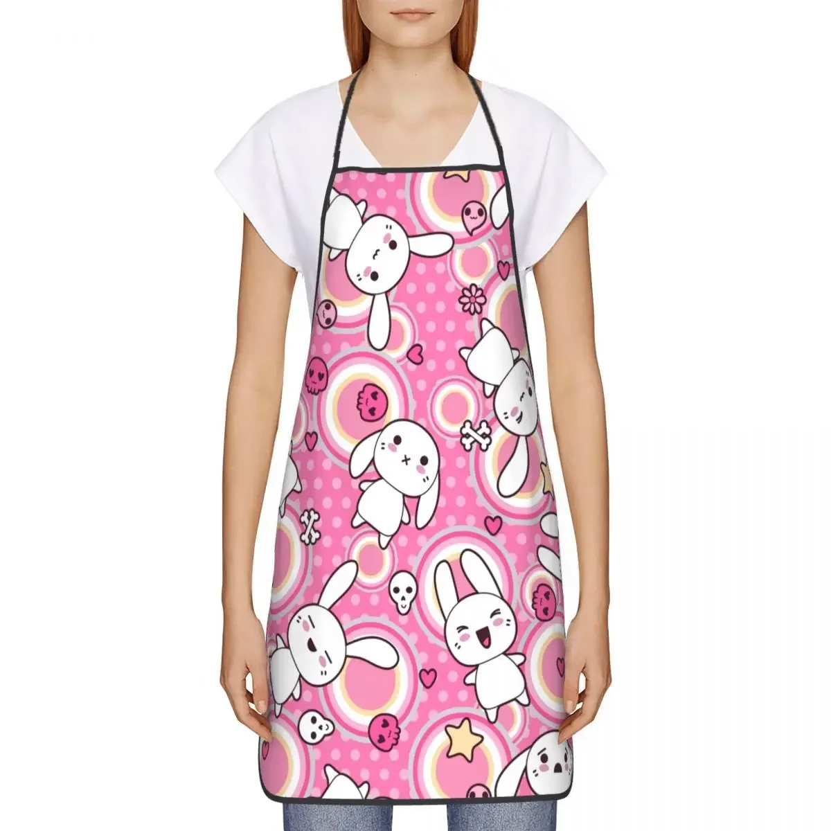 Funny Kawaii Pink Bunny Bib Aprons Women Men Unisex Kitchen Chef Cute Bunny Design Tablier Cuisine for Cooking Baking Gardening