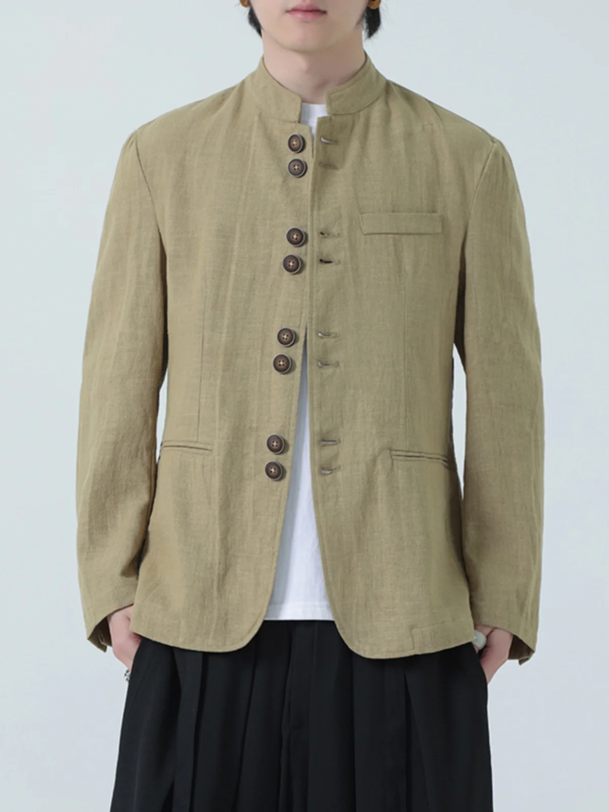 

Льняной костюм-рубашка мужской с длинным рукавом, воротником-стойкой, модный брендовый топ Haome, молодежный, дышащий, весенний