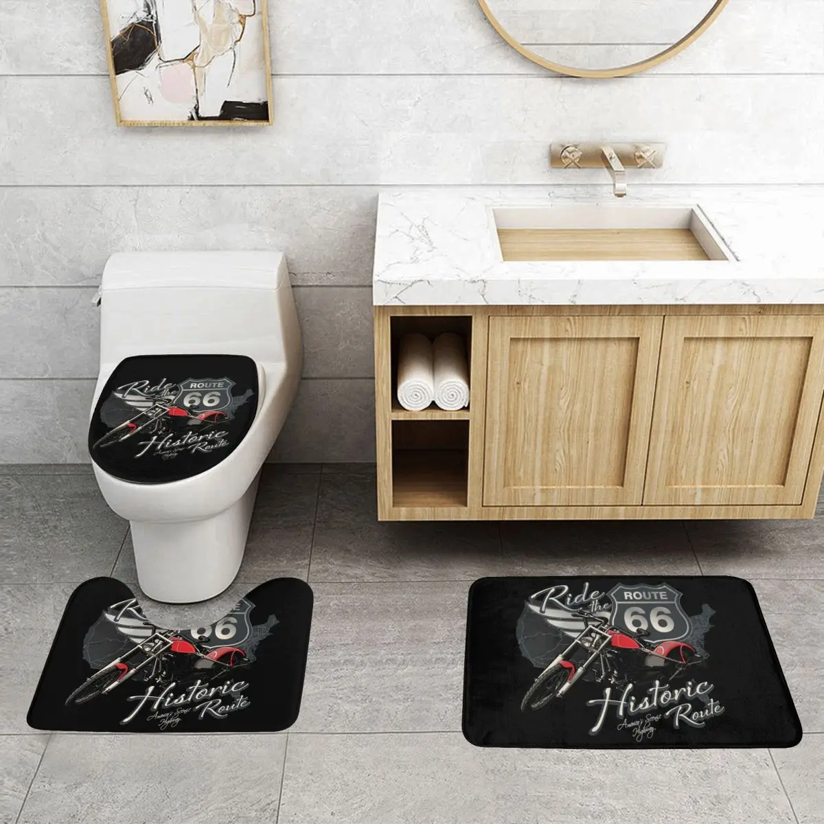 Custom Travel Motorcycle Ride Route 66 3 Piece Bathroom Rugs Set Non Slip US Numbered Highways Toilet Bath Mat Sets