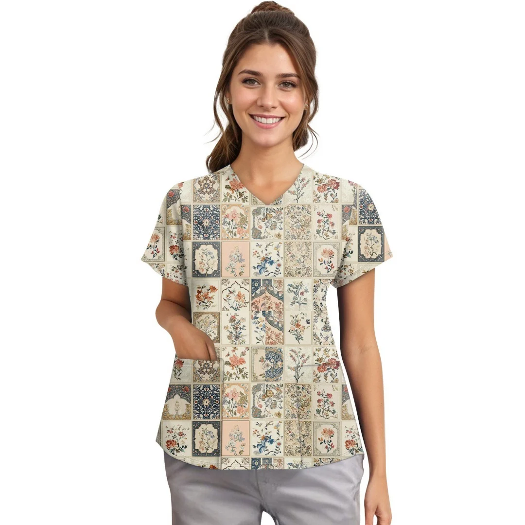 V-Neck Pocket Cartoon Animal Print Care Workers T-Shirt Tops Clinic Working Clothing Women Short Sleeve Scrub Tops Nurse Uniform
