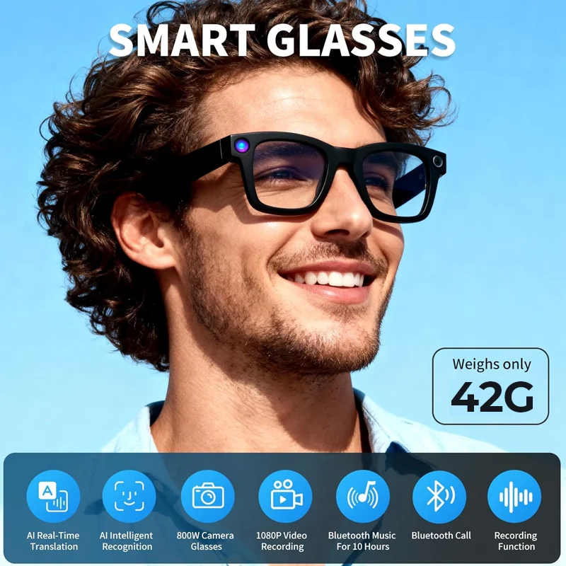 

2026 New AI Smart Glasses 800W Ultra HD Camera 4K Video 100+Languages Translator Bluetooth5.3 Music Player Sunglasses