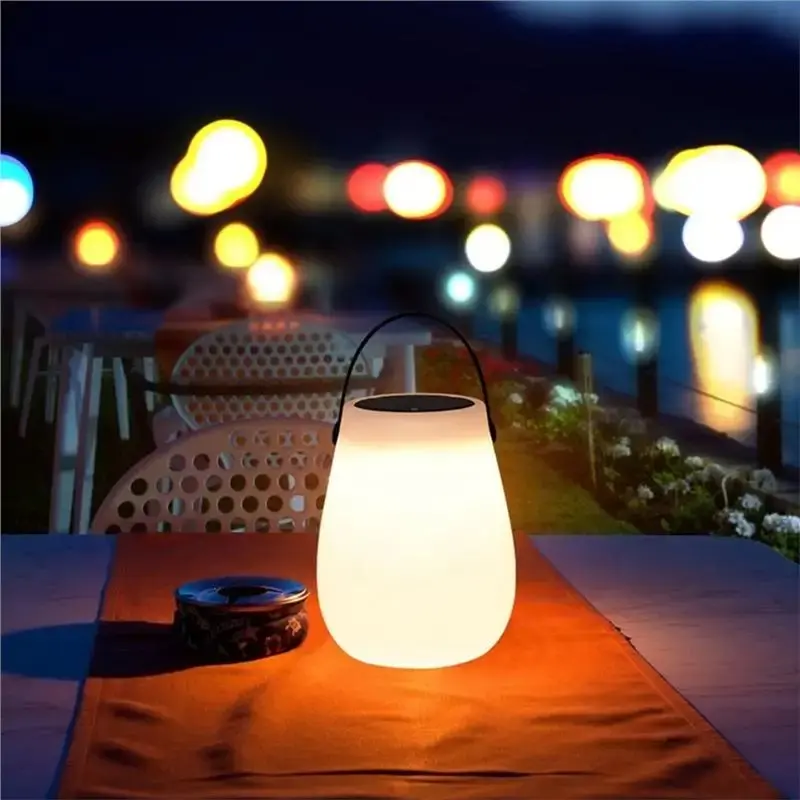 Outdoor Camping LED Tabletop Lantern Solar Powered Battery Cordless PE Table Lamp With Silicone Handle Light