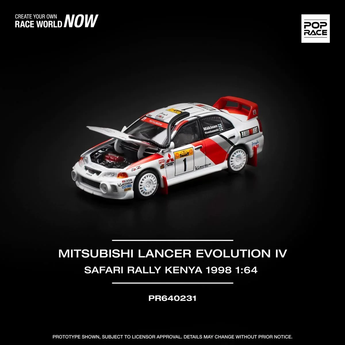 Pre-sale *PopRace 1:64 EVO RALLY KENYA 1998 red-and-white alloy car model - shipped in March