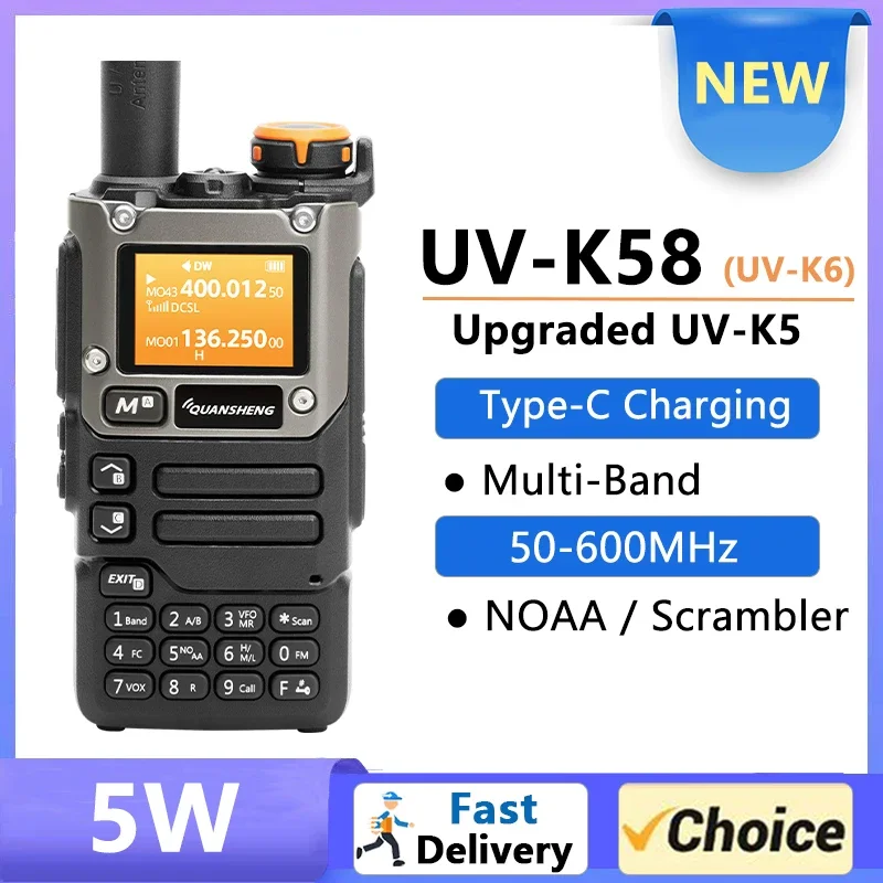 

UV K58 Walkie Talkie 5W Quansheng UV-K6 Two Way Radio 50-600MHz Full Band Receiving Type C Charge Air Band DTMF Scramber UV-K5