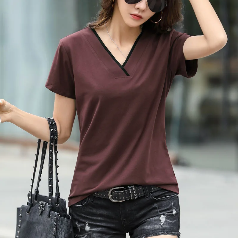 HI-FASHION Summer V-Neck T-Shirt Women Casual Basic Solid Tee Shirt Female Short Sleeve Kintwear Tops Harajuku Tshirt Ladies