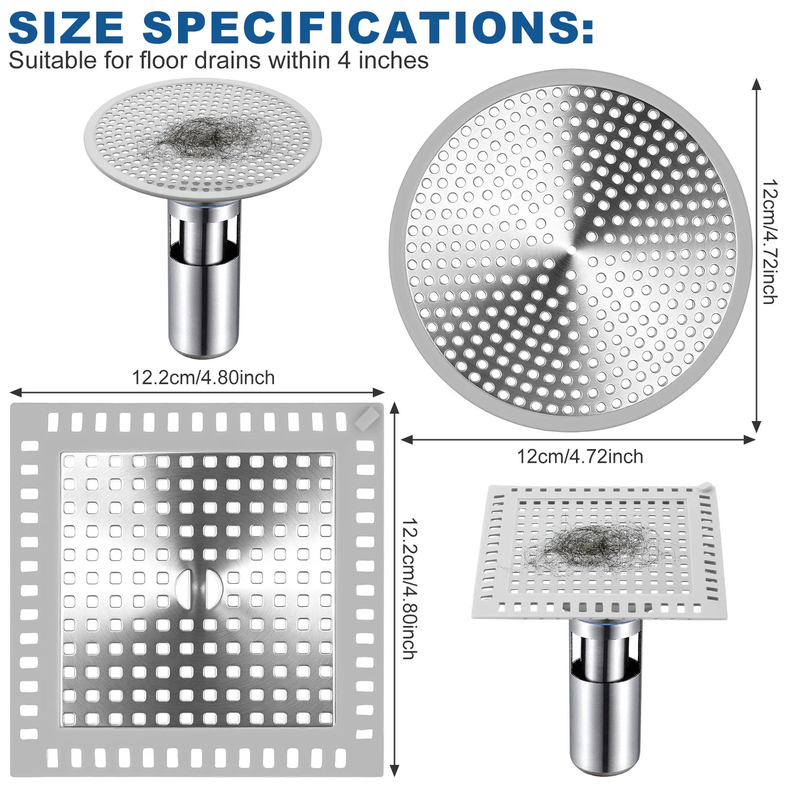 Shower Drain Hair Catcher 304 Stainless Steel Bathtub Floor Strainer Anti Slip Silicone Edge Pet Fur Trap For Bathroom Tub Hole