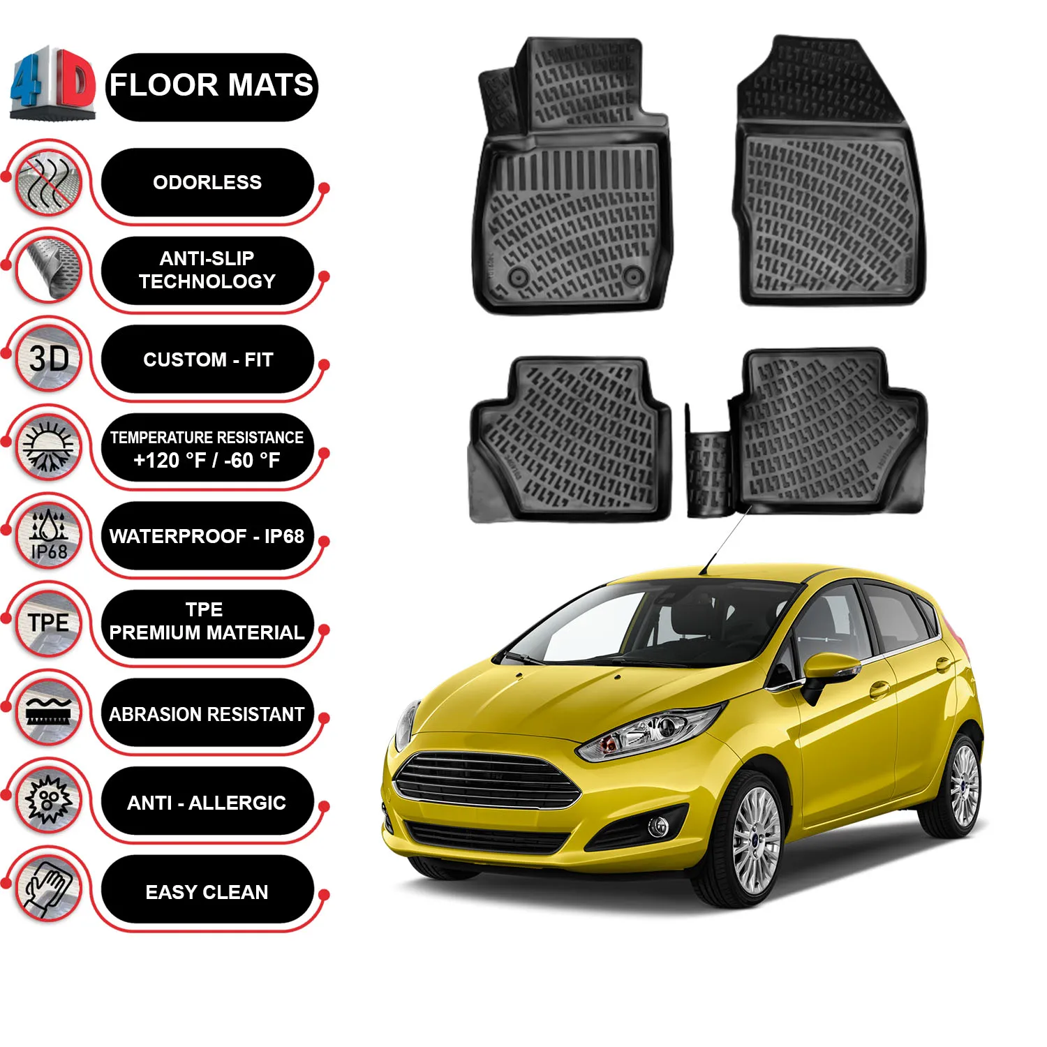 

Ford Fiesta - (2013-2017) Коврики для пола водонепроницаемые 3D-(черный)