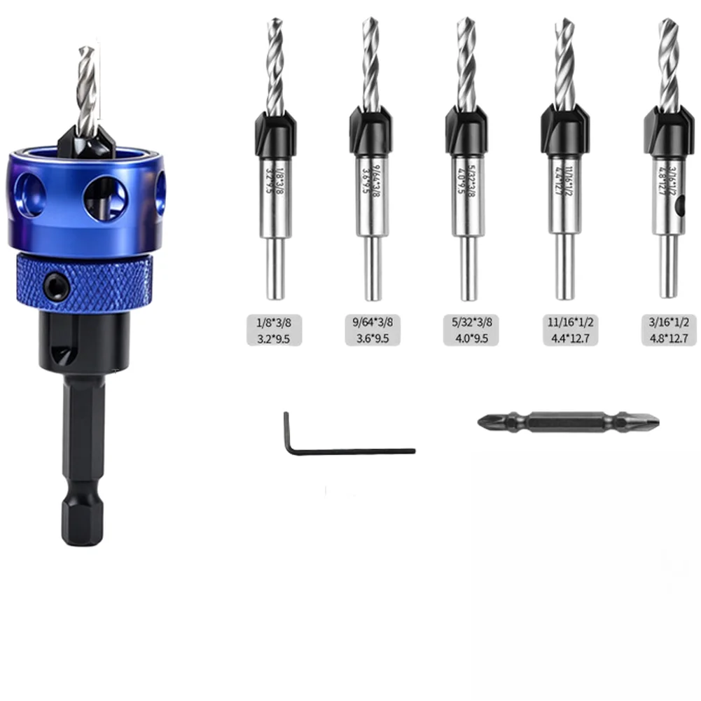 Hard Alloy 2  FOR Flute  Adjustable Depth Countersink Drill Bit Set 5 Piece For Household Carpentry DIY Wood‑Working Tasks