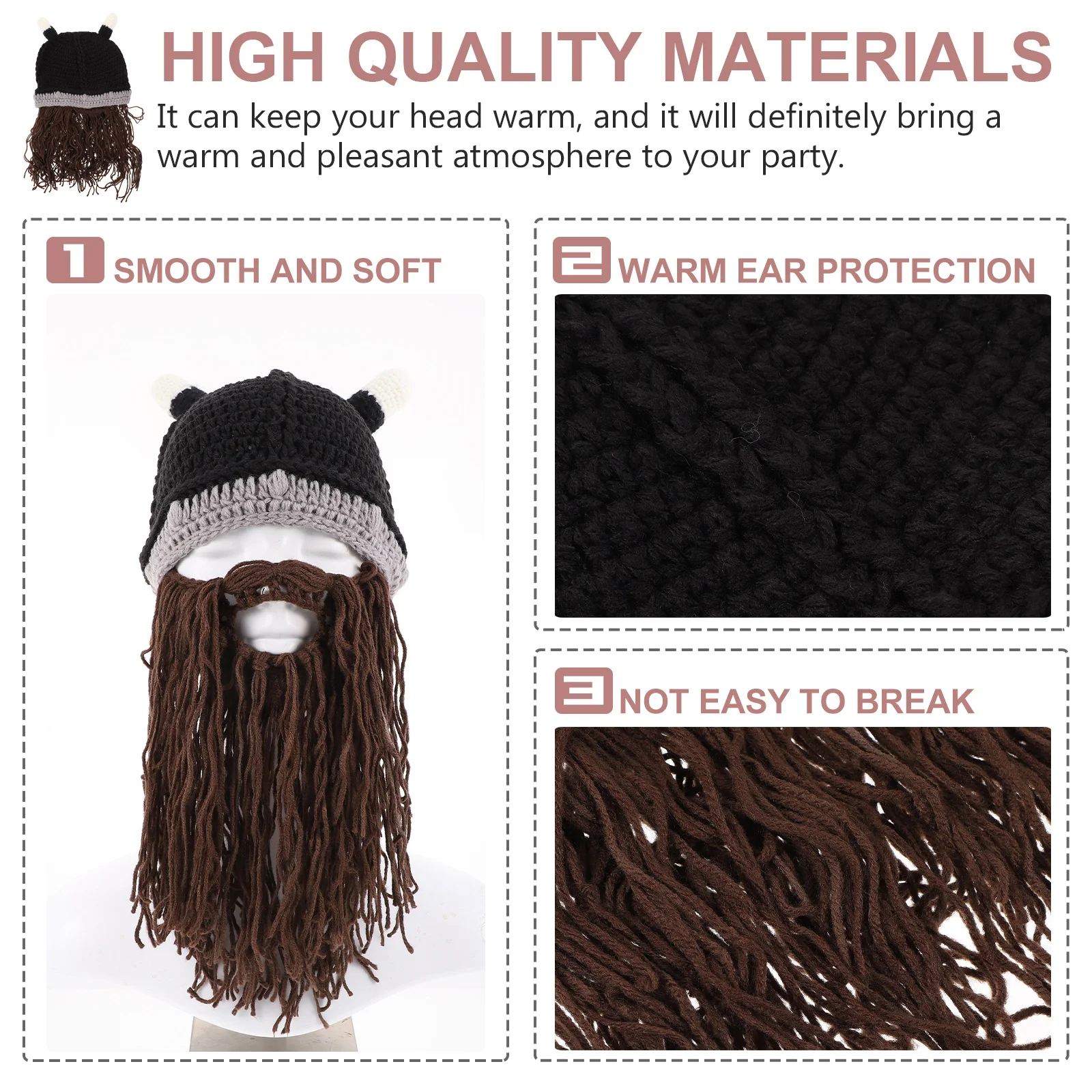 

1Pcs Viking Hat Short Beard Ox Horn Cosplay Costume Party Decor Halloween Headwear Beard Hat Cosplay Headwear