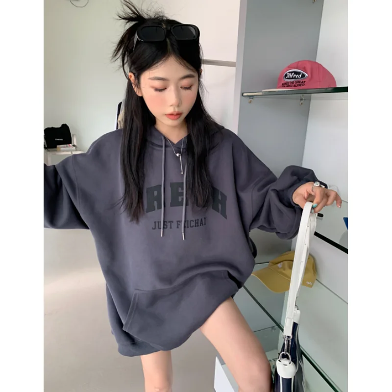 

2024 Spring Dark Grey Women Clothing Korean Fashion Baggy Pullover Sweatshirt Letter Print Raglan Sleeves Long Sleeves Hoodie