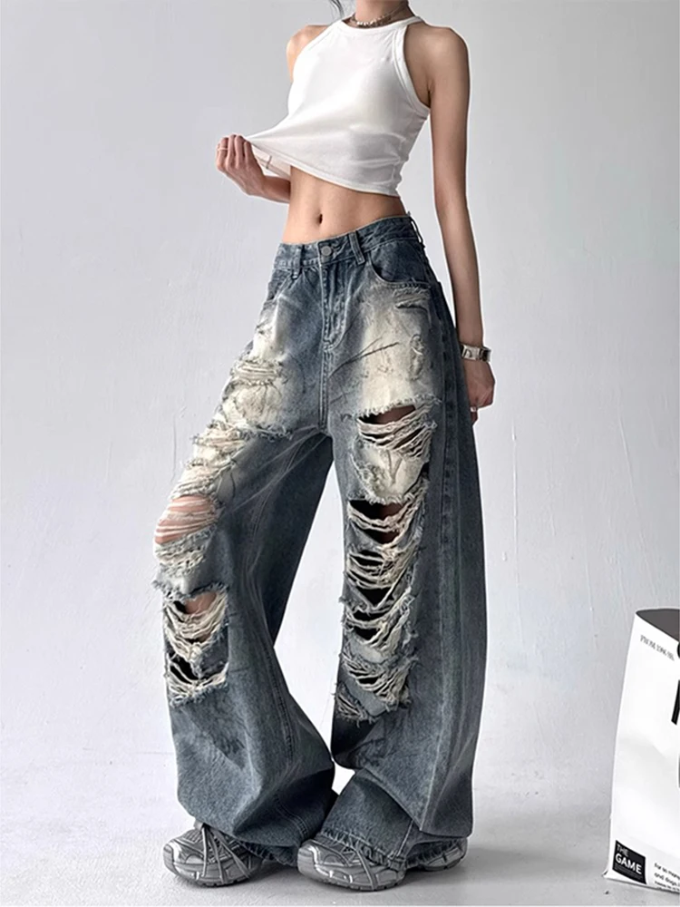 بنطال جينز أمريكي ساخن عصري بفتحة مكسورة للنساء لصيف 2025 تصميم جديد للإحساس فضفاض وواسع الساق مستقيم الساق على الأرض #5